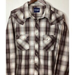 Wrangler Plaid Western Shirt Mens‎ Long Sleeve Brown Beige Cowboy Rodeo